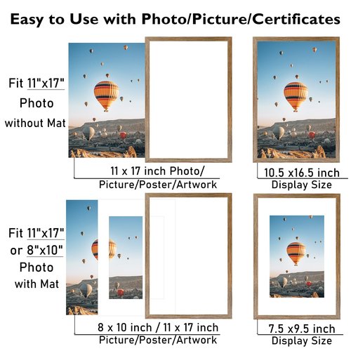 JCJMY 11x17 Picture Frame Rustic Brown with 8x10 Mat, Display Photo 8x10 with Mat or 11 x 17 Without Mat, Wall Hanging Large 11x17 Poster Frame with Shatter Resistant Plexiglass, Rustic Brown