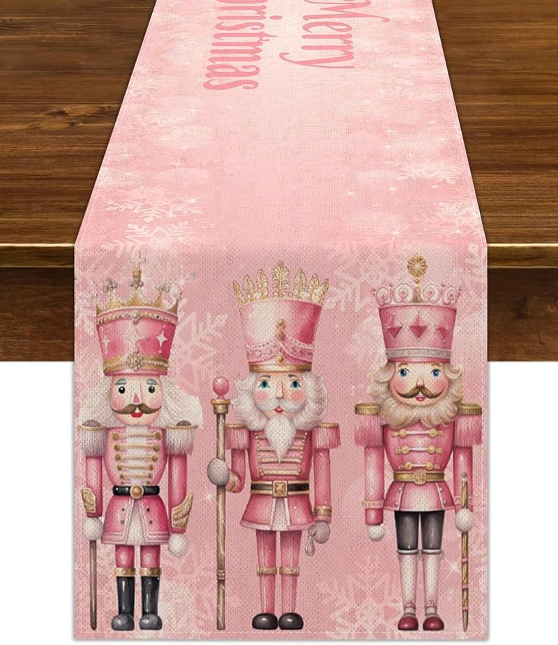 Pink Nutcrackers Table Runner 13x90in, Christmas Linen Decor