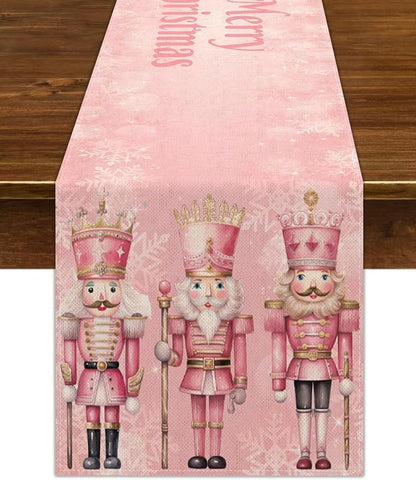 Pink Nutcrackers Table Runner 13x90in, Christmas Linen Decor