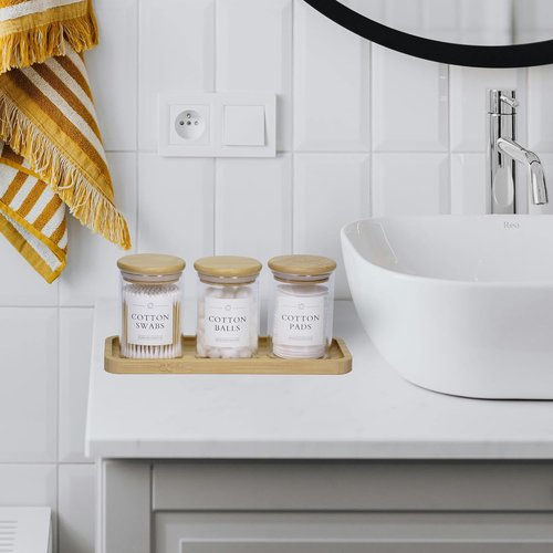 INIUNIK Qtip Holder - 3 Pack Glass Apothecary Jars with Lids | Stylish Bathroom Organizers Set