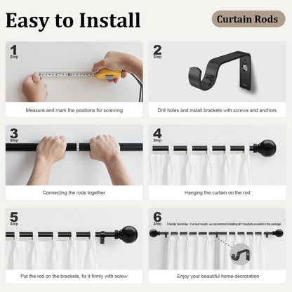 Skiennix Black Curtain Rods - Heavy Duty Metal Adjustable 72-144 Inch for Blackout Window Treatments
