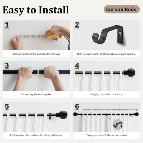 Black Curtain Rods for Windows 72 to 144 Inch 1" Diameter Heavy Duty Metal Adjustable Extra Long Blackout Traverse Window Treatment Rods with Decorative Finials Doorway Living Room Bedroom Kitchen