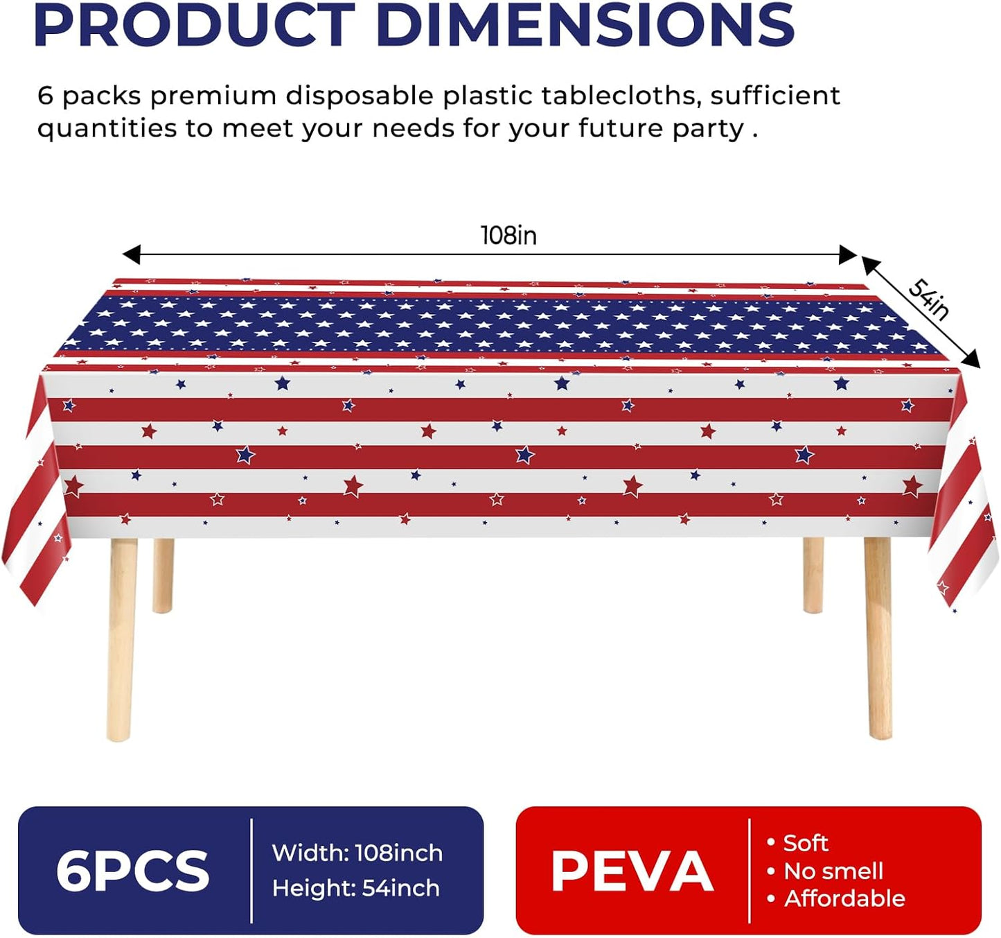 Skiennix 6 Pack Patriotic Disposable Tablecloths - 54" x 108" American Flag Design for Memorial Day Parties
