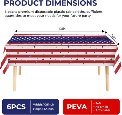 Skiennix 6 Pack Patriotic Disposable Tablecloths - 54" x 108" American Flag Design for Memorial Day Parties
