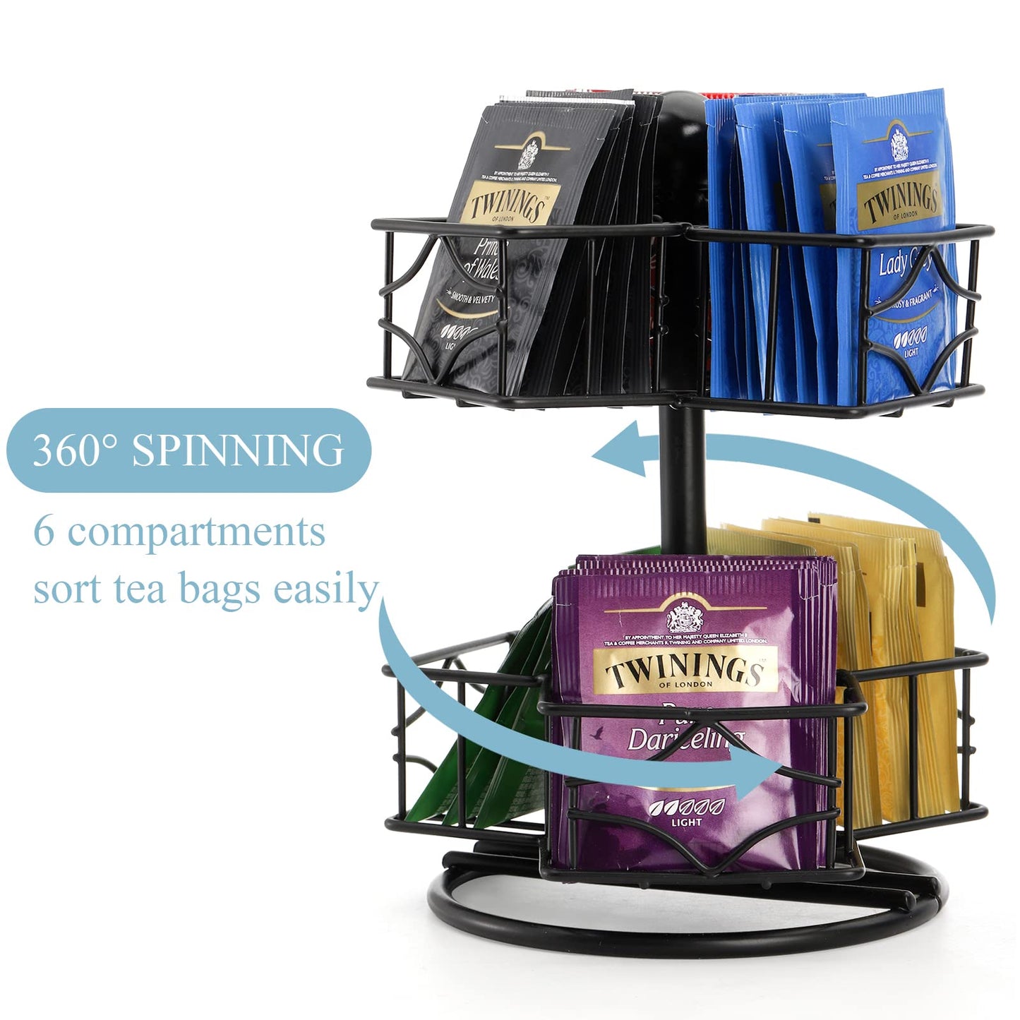 Frcctre Tea Bag Organizer, 360 Degree Tea Bag Spining Carousel Organizer with 6 Compartments, Lazy Susan Sugar Coffee Creamer Caddy for Kitchen Counter Cabinet Organizer, Up to 60 Tea Bags Storage