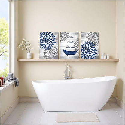 RnnJoile Rustic Floral Canvas Wall Art - Dahlia Relaxation Painting | Navy Blue Flower Print, 12x16 Inch Each