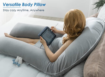 Queen Rose Extra Long U-Shaped Body Pillow - Cooling Maternity Support Pillow, 65 Inch, Grey