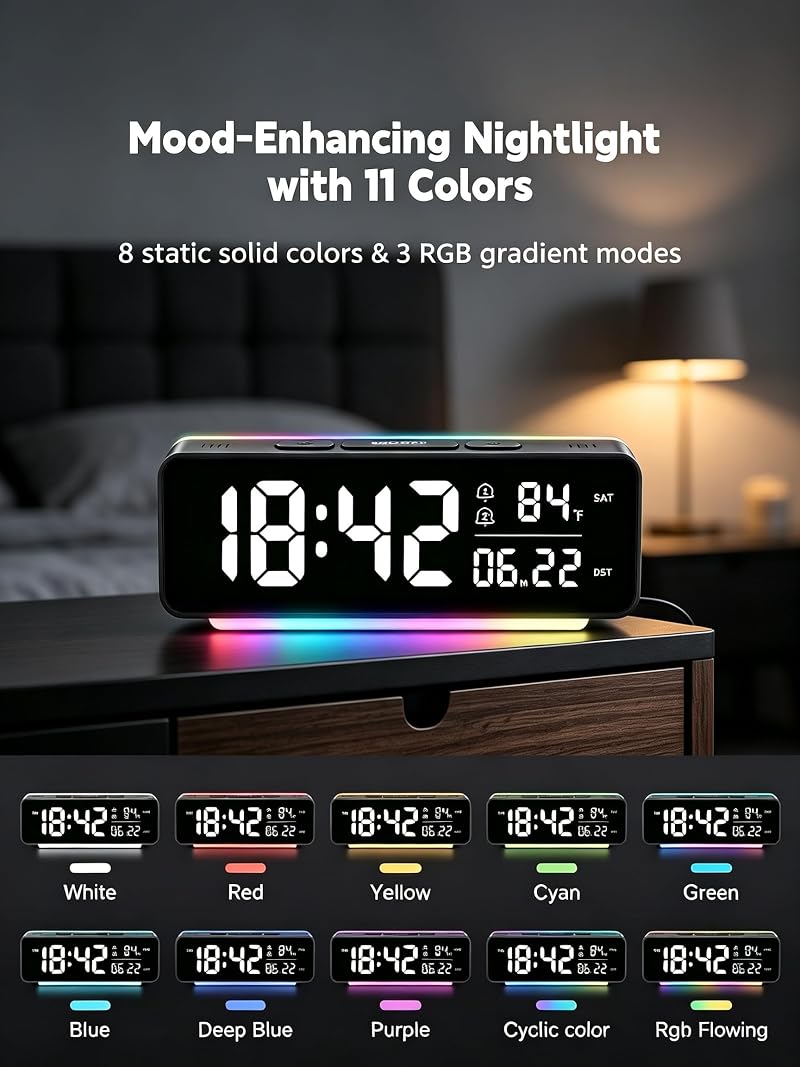 Digital Alarm Clock with RGB LED Light, Large Display, Dual Alarm, Temperature & Date