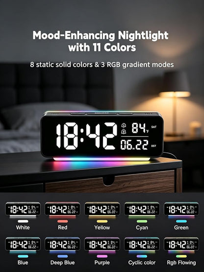 Digital Alarm Clock with RGB LED Light, Large Display, Dual Alarm, Temperature & Date