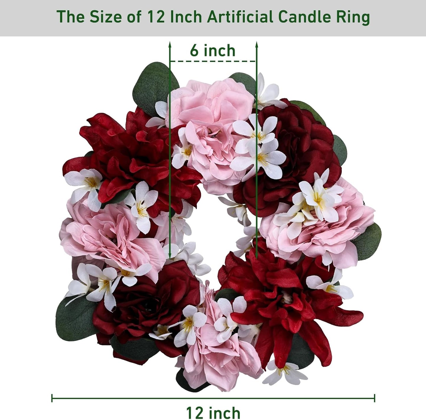 Skiennix Artificial Flower Candle Rings - 6-Inch Rose Floral Wreaths with Butterflies for Wedding Centerpieces | Burgundy & Pink (Set of 2)