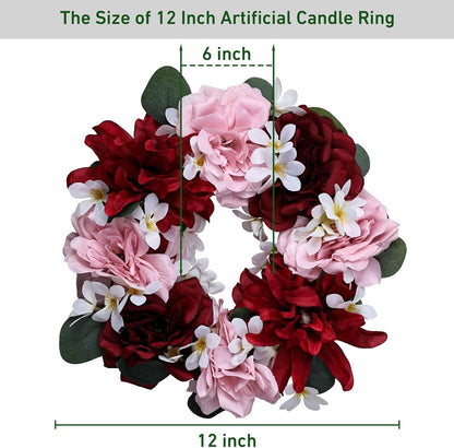 Skiennix Artificial Flower Candle Rings - 6-Inch Rose Floral Wreaths with Butterflies for Wedding Centerpieces | Burgundy & Pink (Set of 2)