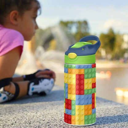 Kigai Insulated Water Bottle for Kids - 12oz Building Blocks Design with Straw Lid & Stainless Steel