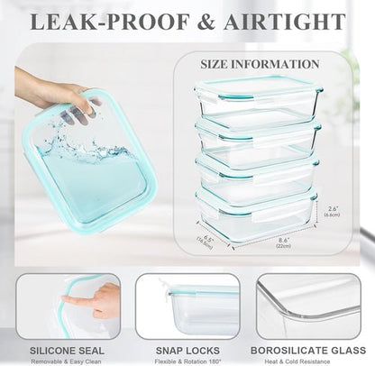 GEHE 4 Pack Large Glass Food Storage Containers - 52 oz Airtight Meal Prep & Baking | BPA Free, Microwave & Oven Safe