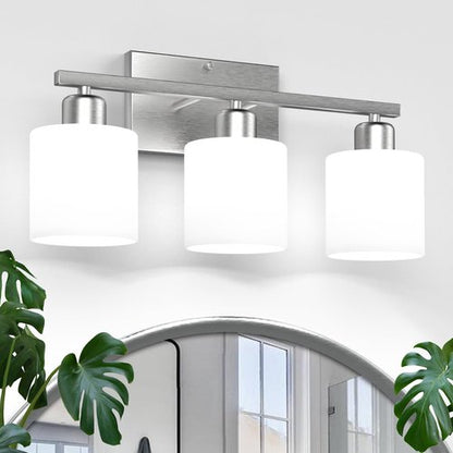 Dekang Bathroom Light Fixtures Over Mirror Brushed Nickel, Rustproof 3-Light Bathroom Vanity Lights, 18 Inches Modern Wall Sconces E26 Base, Milky White Glass Shades, Bulbs Not Included