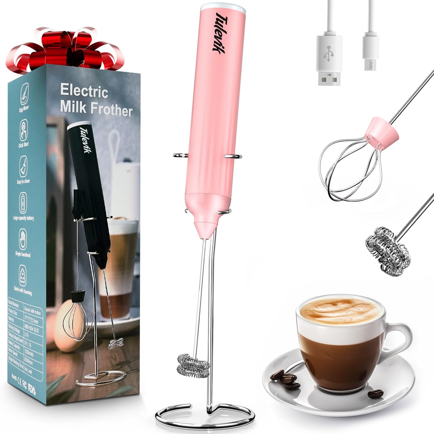 Tulevik Milk Frother Handheld, Electric Frother Wand With Stand, Coffee Frother With USB Rechargeable 3 Speeds, Mini Frother for Coffee Latte, Cappuccino, Hot Chocolate, Matcha, Egg - Pink