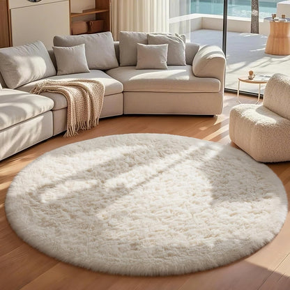Ophanie Round Area Rug - 7Ft Ivory Circle Carpet for Aesthetic Room Decor | Fluffy Soft Shaggy Design