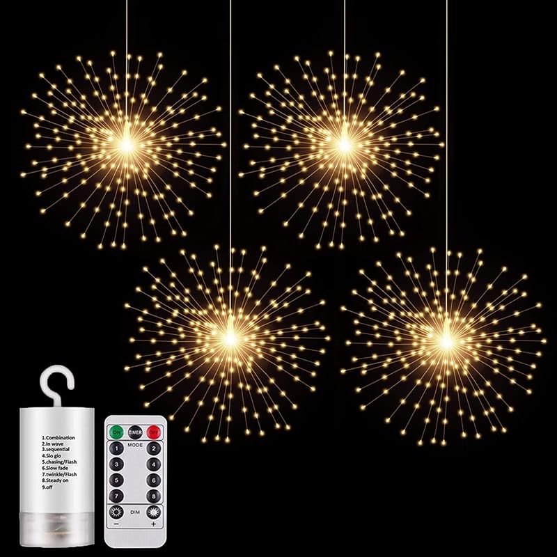 4 Pack 200 LED Firework String Lights - Warm White with Variation: Warm White+4x17 inch