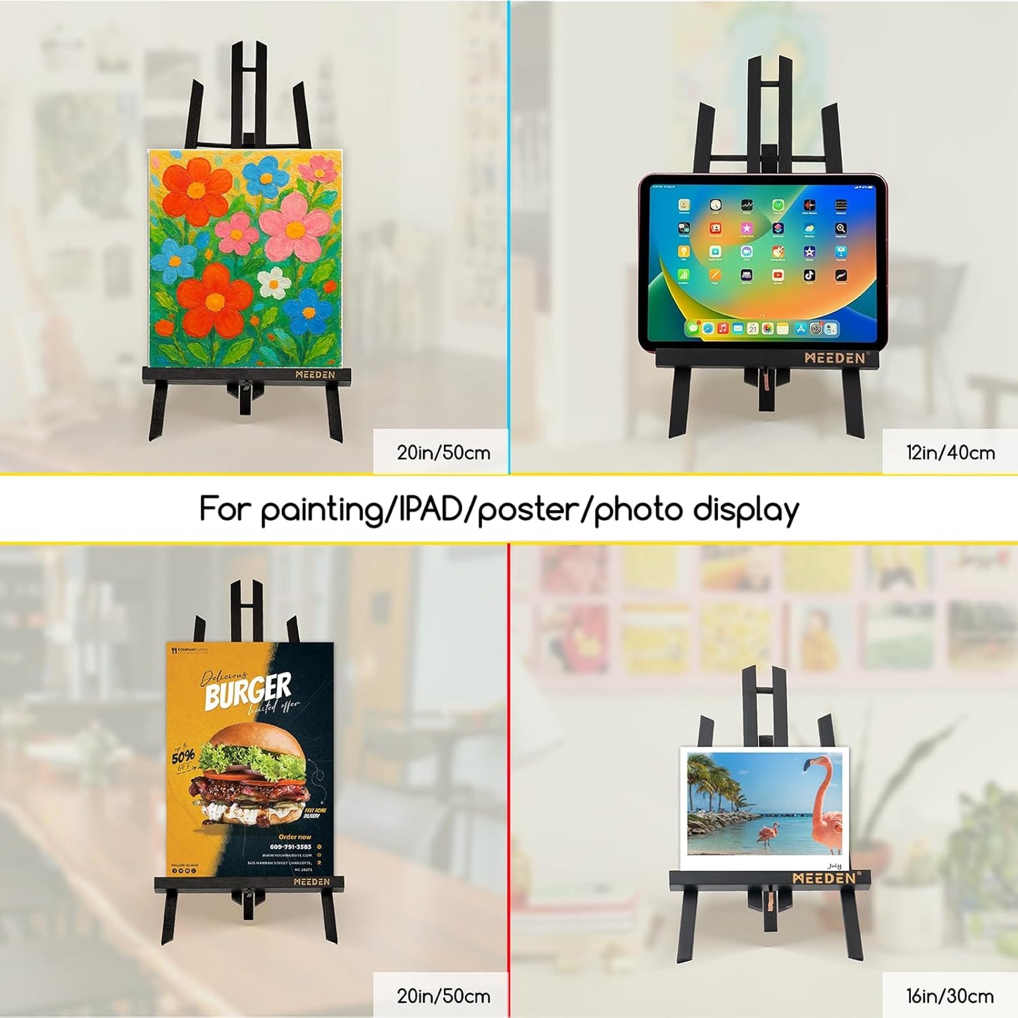 MEEDEN Tabletop Easel Stand - 16" x 12" Pine Wood Display for Painting | Black Mini Easel for Signs & Pictures