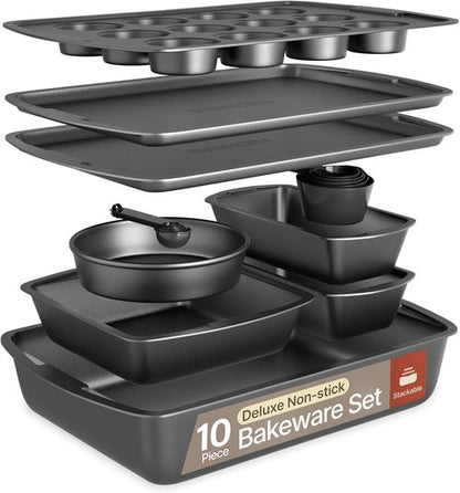 Gray 10-Piece Bakeware Set - Nonstick Carbon Steel Baking Sheets & Pans | Space-Saving, Dishwasher Safe, Oven Safe Up to 450°F