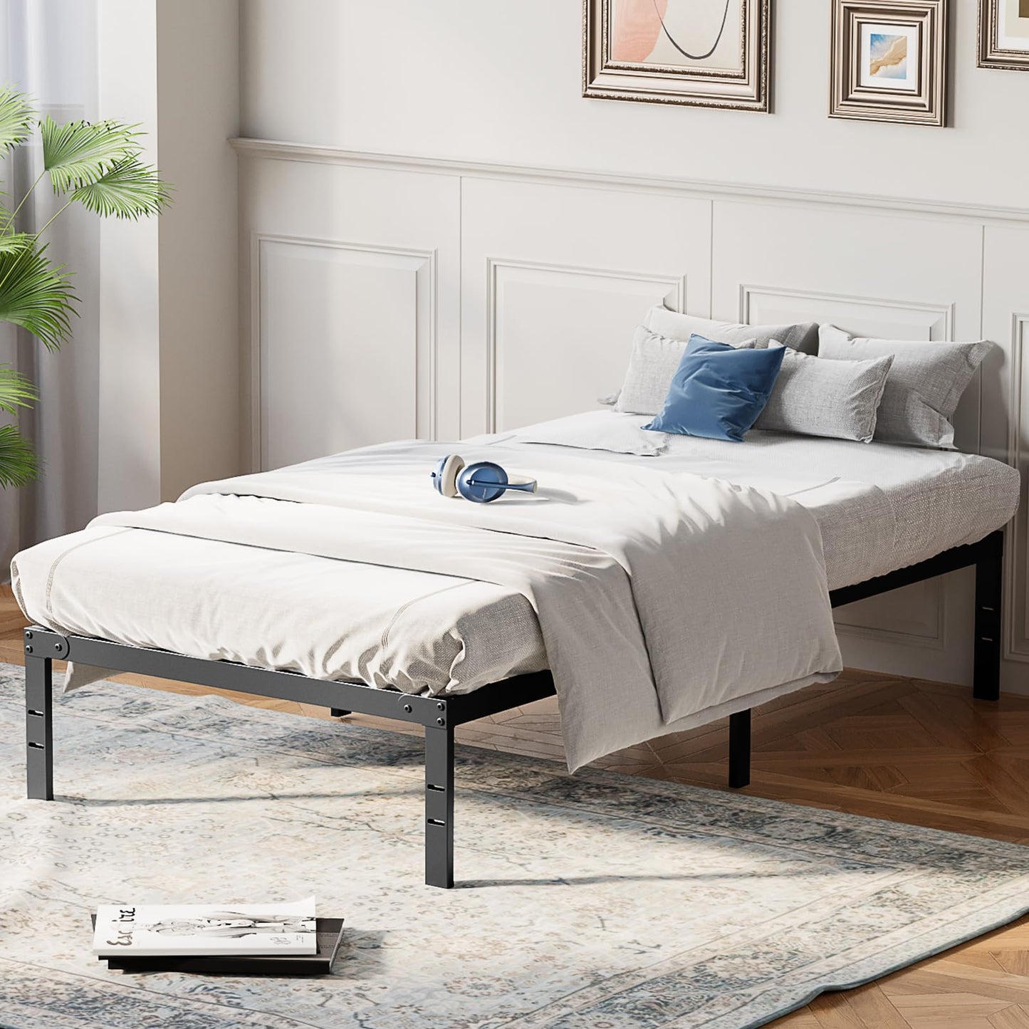 OLIXIS Metal Twin Bed Frame - 14in High with Storage Space, No Box Spring Needed with Sturdy Steel Slat Support, 800LBS Heavy Duty for Easy Assembly, Black for Bedroom