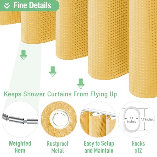 Dynamene Extra Long Shower Curtain - 96 Inch Long Waffle Weave Weighted Thick Cloth Bathroom Shower Curtain, Neutral Heavy Duty Hotel Bath Curtain Set with 12 Plastic Hooks,72x96, Gold