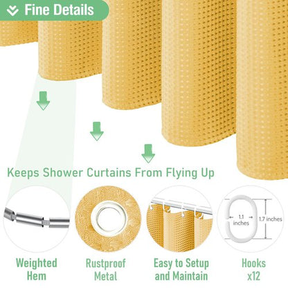 Dynamene Extra Long Shower Curtain - 96 Inch Long Waffle Weave Weighted Thick Cloth Bathroom Shower Curtain, Neutral Heavy Duty Hotel Bath Curtain Set with 12 Plastic Hooks,72x96, Gold