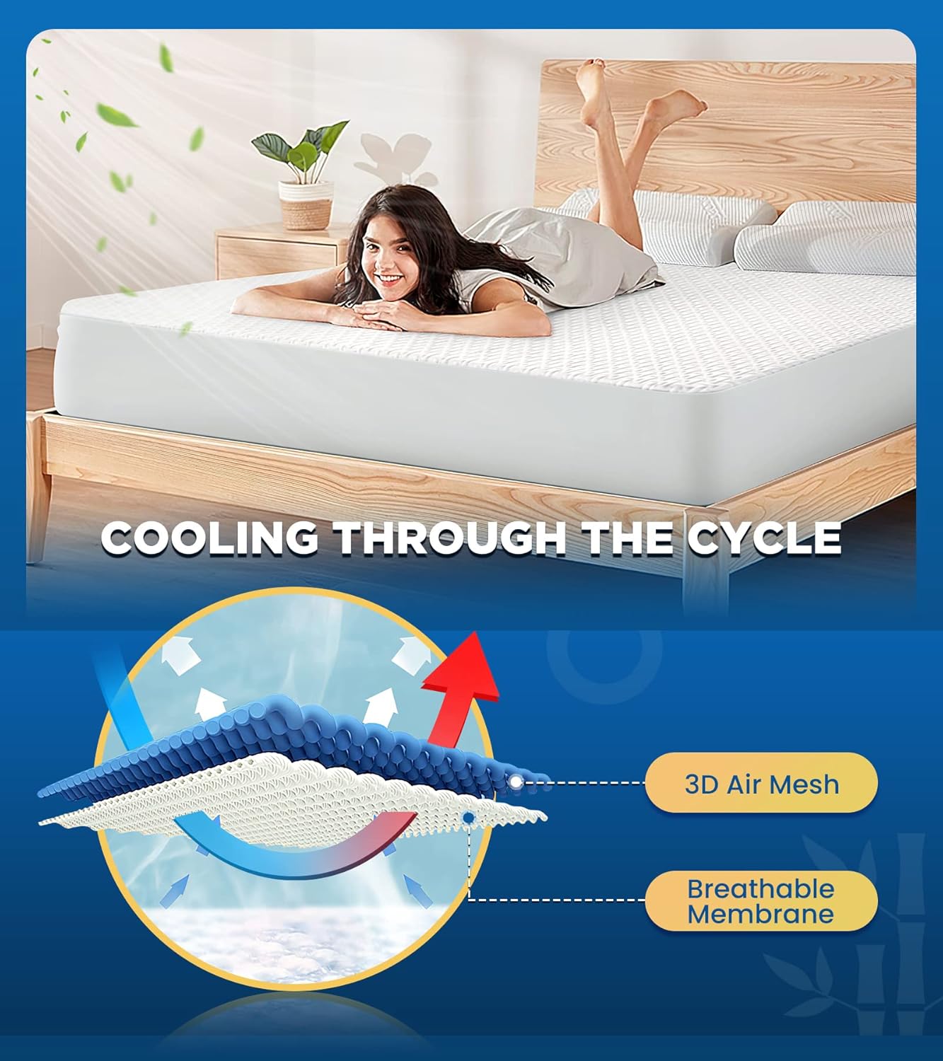 Skiennix 100% Waterproof Queen Mattress Protector - Breathable Cooling 3D Air Fabric, Hypoallergenic & Noiseless, Fits 8-21'' Deep Pocket