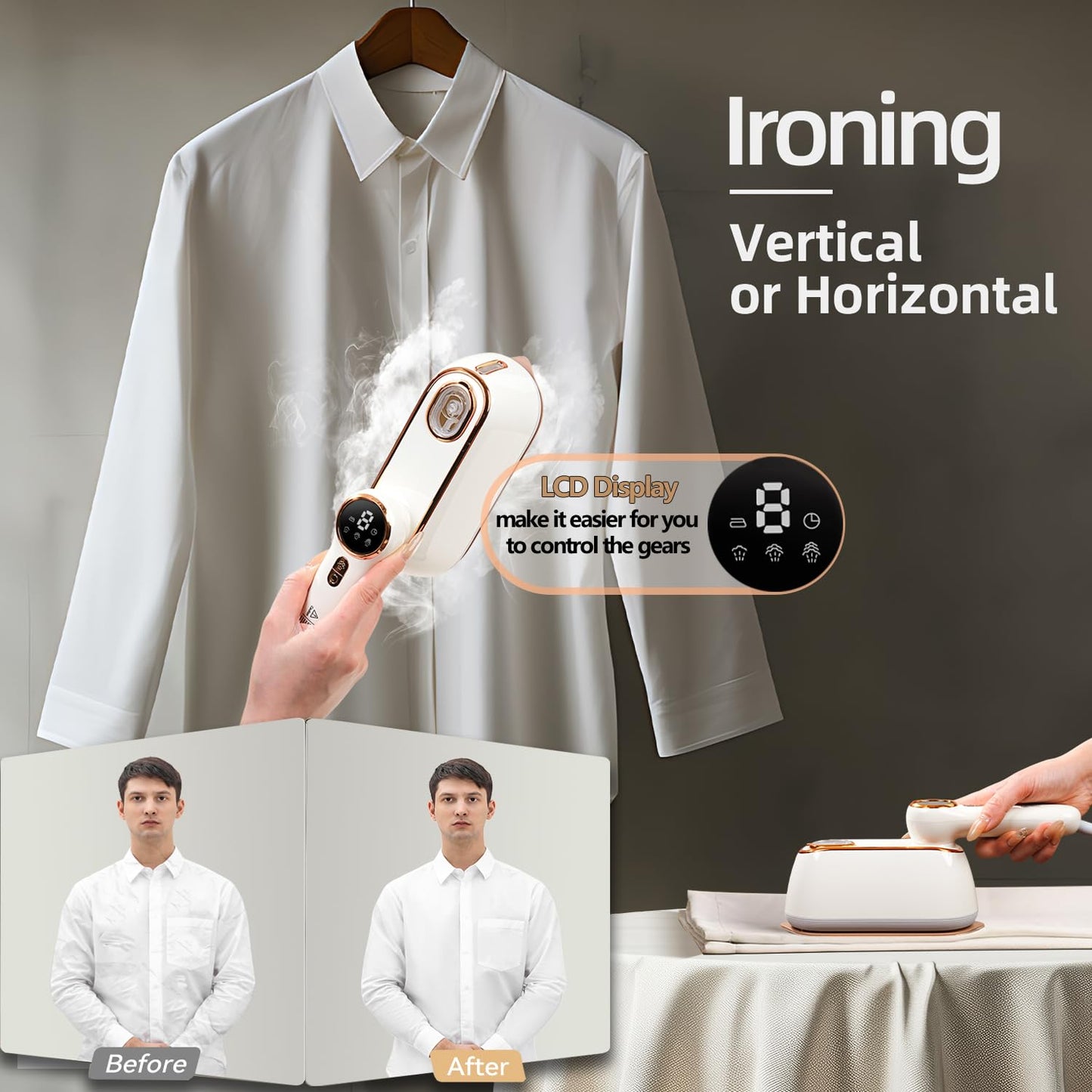 Travel Steamer & Iron for Clothes – Handheld Clothing Steamer, 10s Fast Heating, 4 Modes, LCD Display, 180° Swivel Handle, Garment Steam Wrinkle Remover 2-in-1 for Home and Business