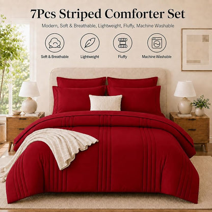 Full Size Comforter Set in Red - 7 Pieces Bed in a Bag (Variation: Red+Full)