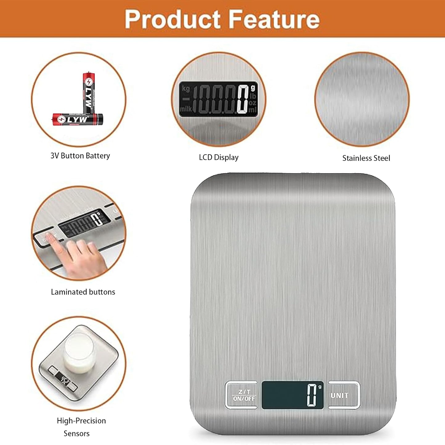 Skiennix Digital Kitchen Scale - 5kg/11lb Capacity | Accurate Grams & Ounces Measurement for Baking & Meal Prep | 304 Stainless Steel, LCD Display