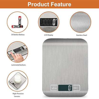 Skiennix Digital Kitchen Scale - 5kg/11lb Capacity | Accurate Grams & Ounces Measurement for Baking & Meal Prep | 304 Stainless Steel, LCD Display