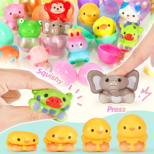 SevenQ Easter Basket Stuffers 48Pcs Prefilled Easter Eggs with Toys Cars Squishy Erasers Stamps for Kids Fidget Toy Plastic Egg Fillers Hunt Pinata Party Favor Bags Classroom Treasure Box Essentials