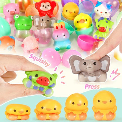 SevenQ Easter Basket Stuffers 48Pcs Prefilled Easter Eggs with Toys Cars Squishy Erasers Stamps for Kids Fidget Toy Plastic Egg Fillers Hunt Pinata Party Favor Bags Classroom Treasure Box Essentials