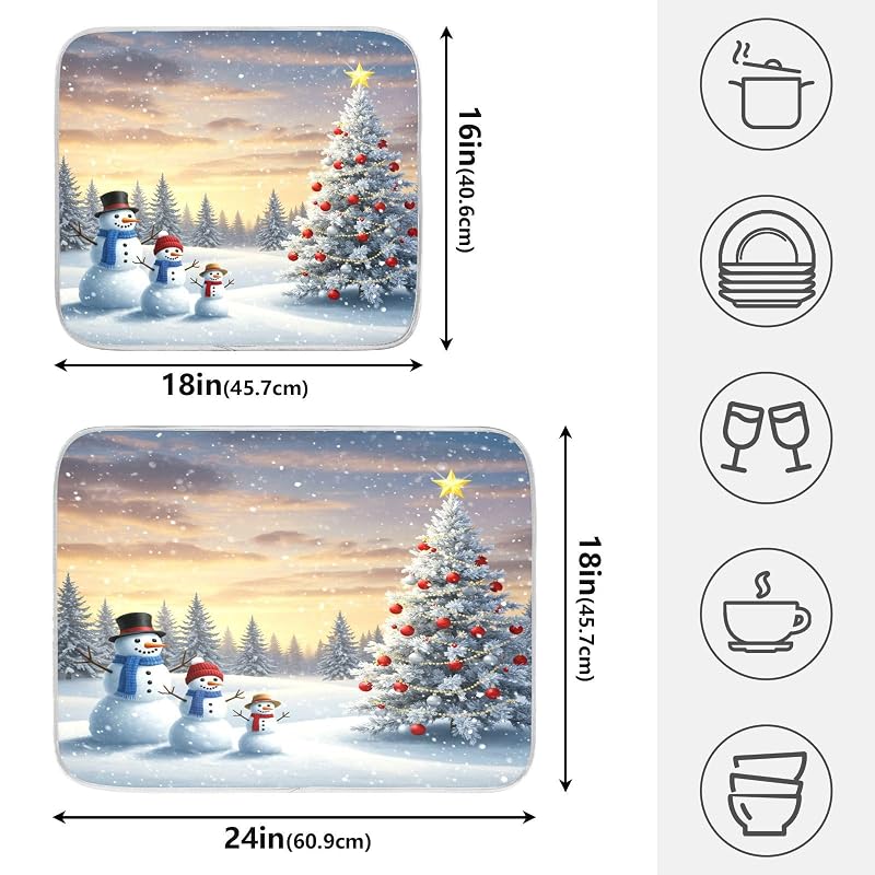Christmas Tree and Snowman Dish Drying Mat - 18 x 16 Inch, Absorbent Microfiber Pad