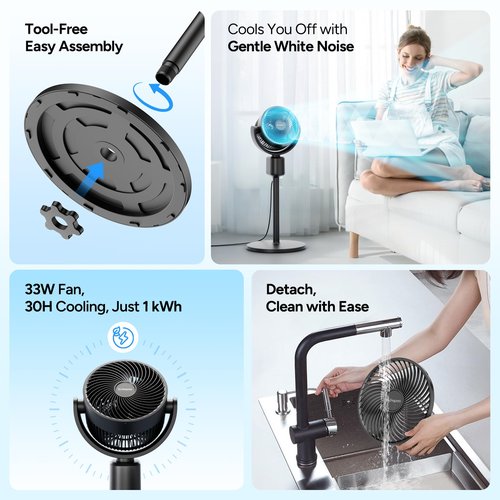 DR.PREPARE Compact Pedestal Fan for Bedroom, Small-Medium Air Circulator Standing Fan, 16-34" Adjustable Height, 70°Auto-Oscillation, 90° Up+10° Down Tilt, 3 Speeds for Small-Medium Office, Home