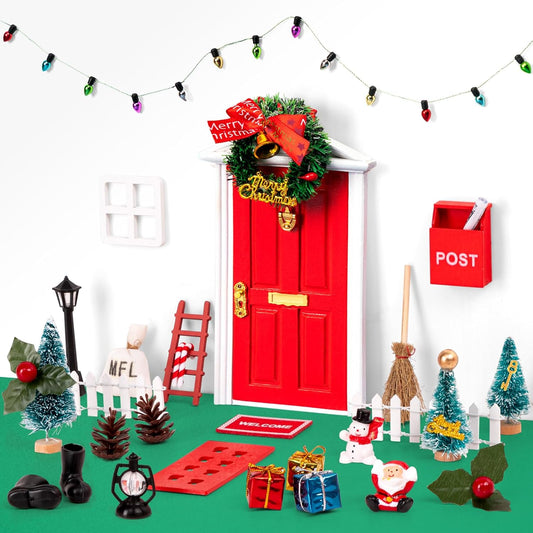 Skiennix Christmas Elf Fairy Door Kit - 31Pcs Miniature Wooden Garden Decorations (Red)