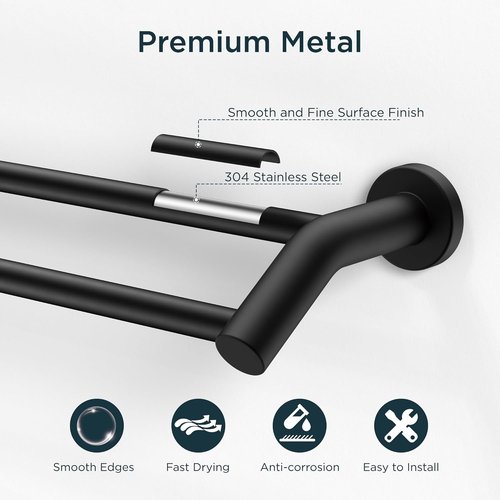 FORIOUS Double Towel Bar - 24 Inch Heavy Duty SUS304 Stainless Steel | Matte Black Space-Saving Design