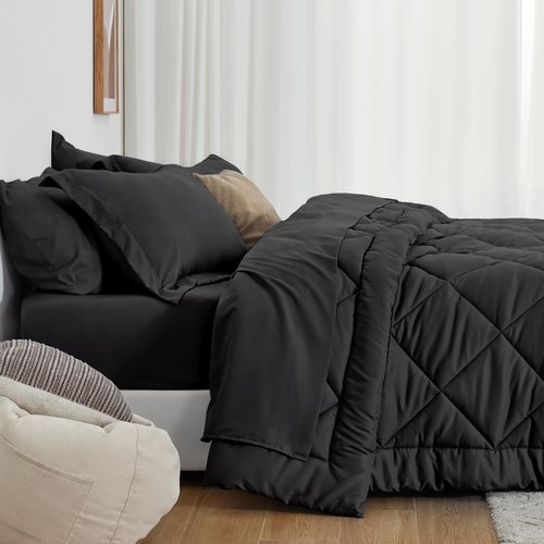 Love's cabin Queen Comforter Set Black, 7 Pieces Queen Bed in a Bag, All Season Bedding Sets with 1 Comforter, 1 Flat Sheet, 1 Fitted Sheet, 2 Pillowcase and 2 Pillow Sham