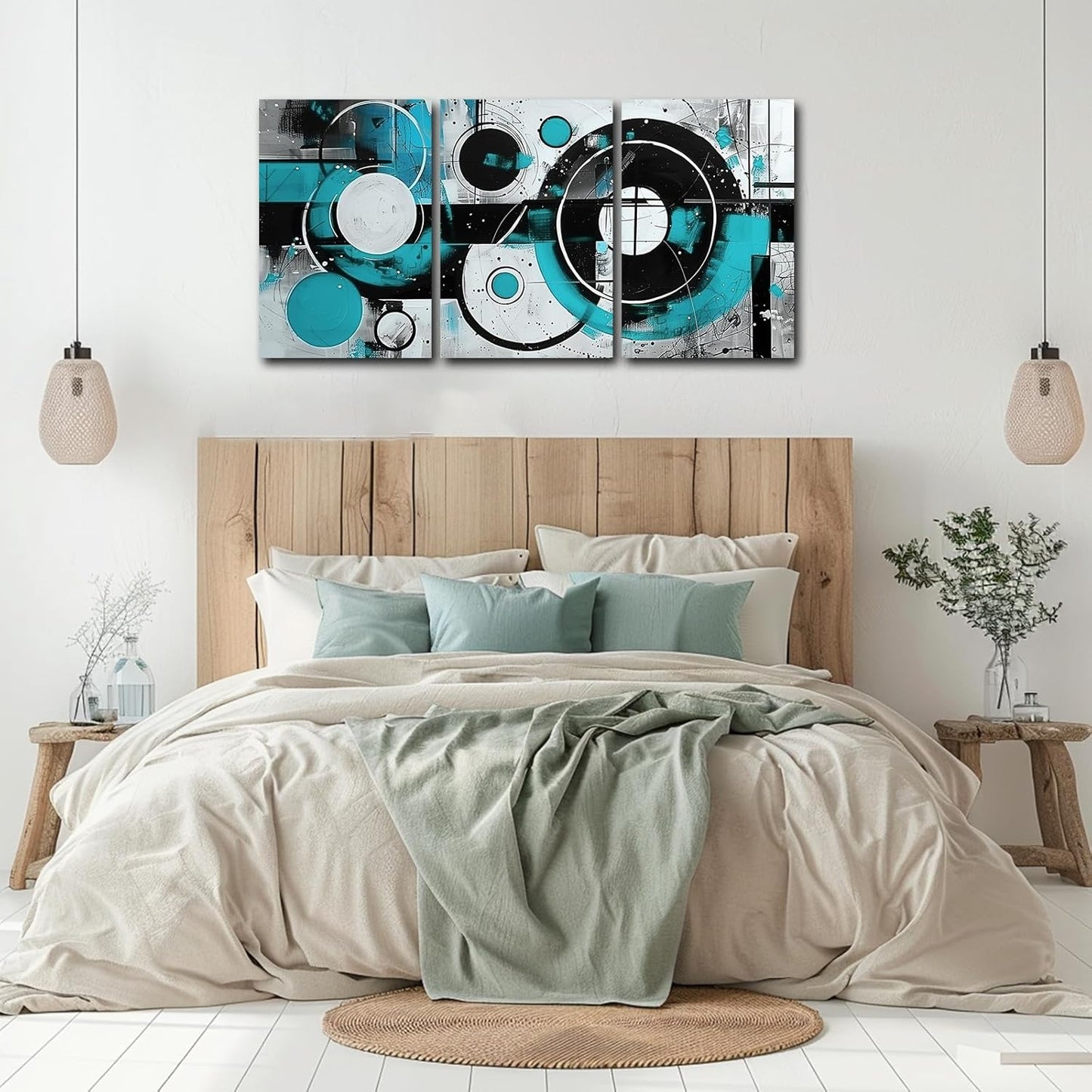 SWQYLB Teal Abstract Wall Art - Blue & Gray Geometric Canvas Print Set | Framed 12" x 16" x 3 Pieces for Home Decor