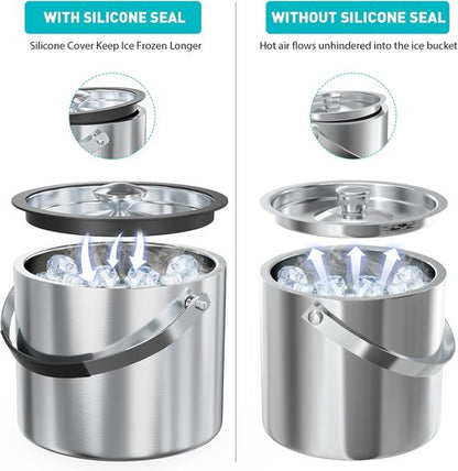 3.2L Double Wall Stainless Steel Ice Bucket with Lid,Scoop, Updated Insulated Ice Bucket for Cocktail Bar and Parties