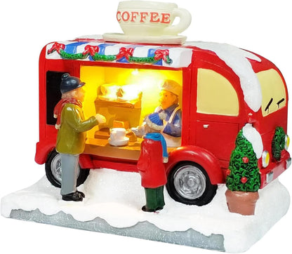 Moments In Time Christmas Coffee Truck Village Scene - Lighted LED Holiday Decor, Hand-Painted Polyresin