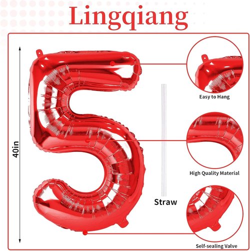 40 Inch Red Number 5 Balloon - Self-Inflating Foil Helium Balloon for Birthdays & Anniversaries