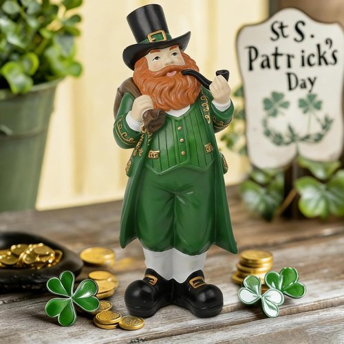 Cynkeyee St. Patrick's Day Figurine - Green Resin Leprechaun Statue for Festive Home Decor | 4.5x4x11.5 Inch