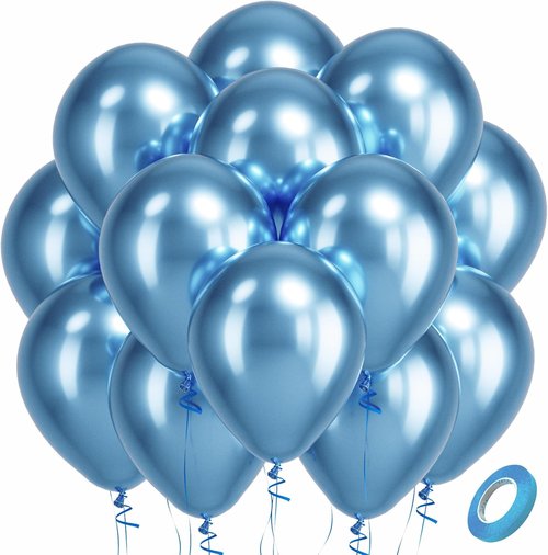 Bezente Metallic Light Blue Latex Balloons - 100 Pack | 12-Inch Round Helium Chrome Balloons for Parties