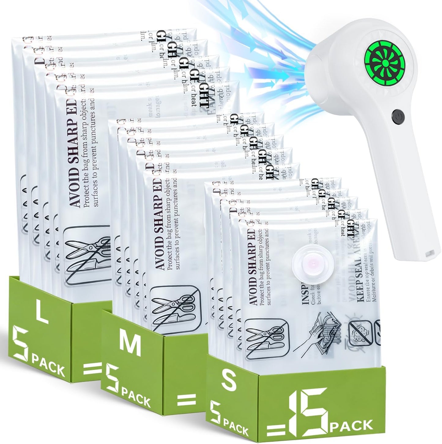 Skiennix Vacuum Storage Bags - 15 Pack with Rechargeable Cordless Pump for Travel & Home