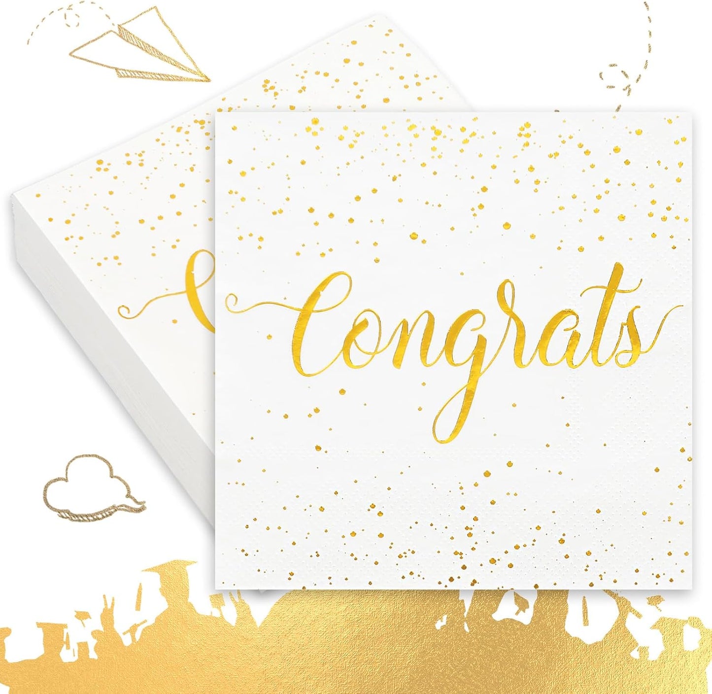 Whaline Cocktail Napkins - 80 Pcs White Gold Foil Congrats Design for Graduation & Celebrations