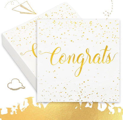 Whaline Cocktail Napkins - 80 Pcs White Gold Foil Congrats Design for Graduation & Celebrations