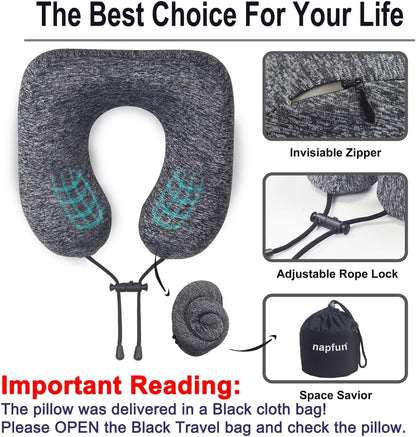 Napfun Travel Neck Pillow - Upgraded 100% Pure Memory Foam for Ultimate Comfort | Portable Grey Headrest
