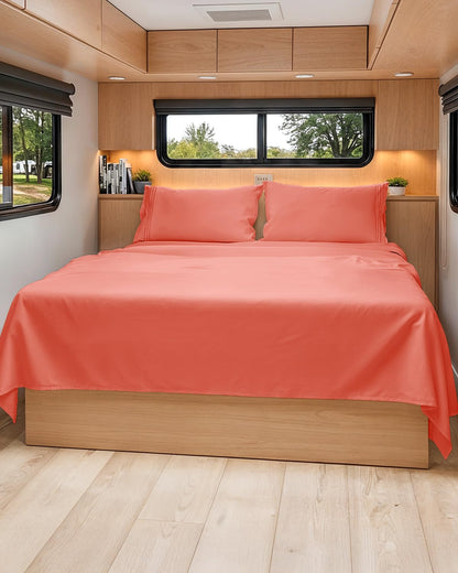 RV Short Queen Sheet Set 60 X 75 - 4 Piece RV Short Queen Bed Sheets - Soft, Breathable & Cooling - Designed for Bunks, Trailers and Campers - Fits 8” to 12" Mattress - Hotel Luxury Bedding - Coral