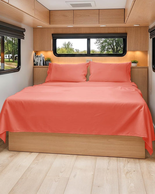 RV Short Queen Sheet Set 60 X 75 - 4 Piece RV Short Queen Bed Sheets - Soft, Breathable & Cooling - Designed for Bunks, Trailers and Campers - Fits 8” to 12" Mattress - Hotel Luxury Bedding - Coral